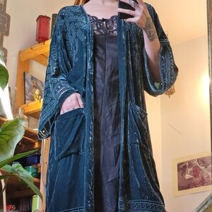 Johnny Was Jade Open Front Velvet Velours Green Kimono - S